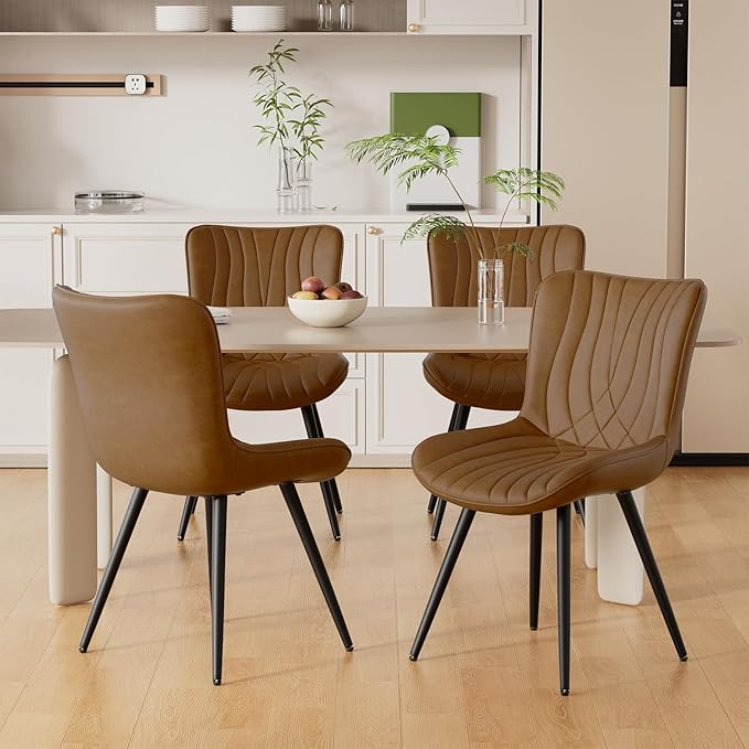 Dining Chair Set of 4 PU Leather Dining Room Chairs Upholstered Comfy Dining Chairs Modern Kitchen Armless Side Chair with Sturdy Metal Legs,Brown