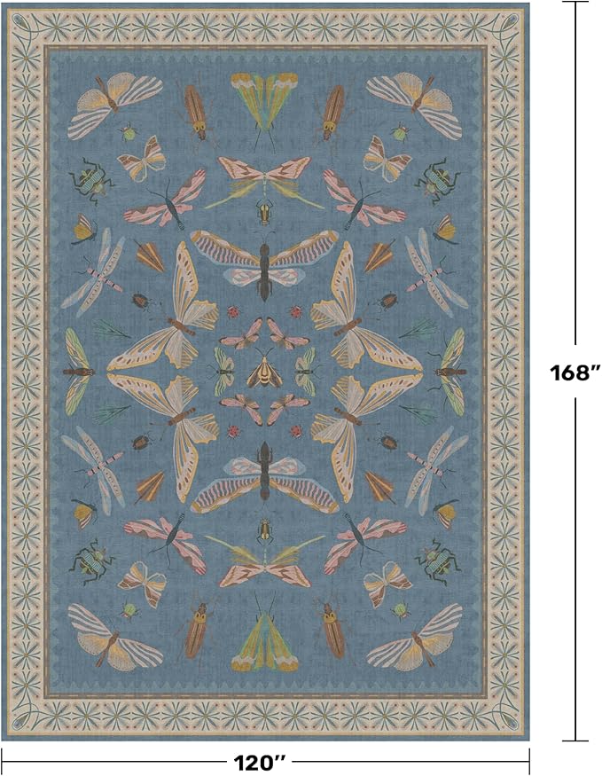 Blue Boho Rugs for Living Room - 10x14 Extra Large Area Rug for Dining Room, Bedroom, Playroom, Guest Room, Colorful Insect Low Pile Home Décor