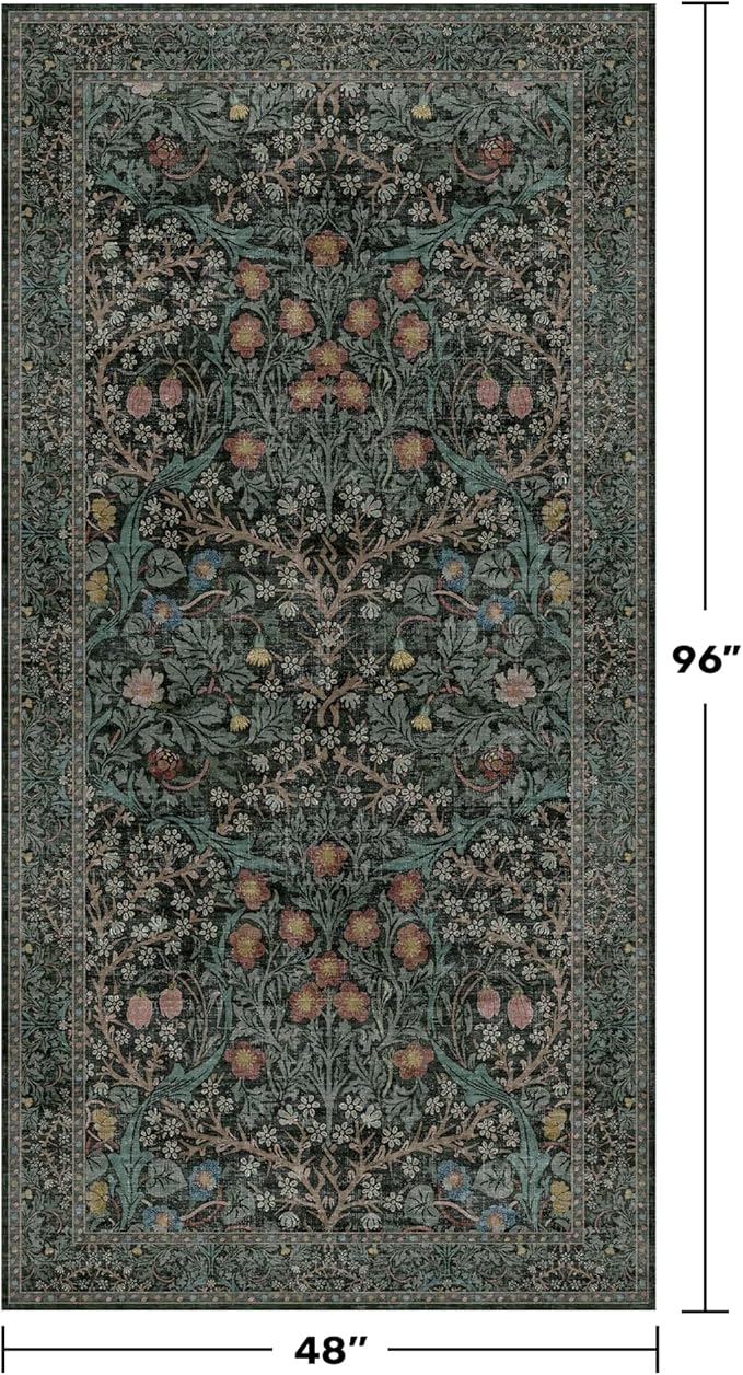Washable 4x8 Wide Hallway Runner Rug, Vintage 8ft Soft Runners for Entry Kitchen, Non Slip Low Pile Thin Carpet for Living Room Bedroom Dining Room Foyer - Dark Green Floral Forest Décor