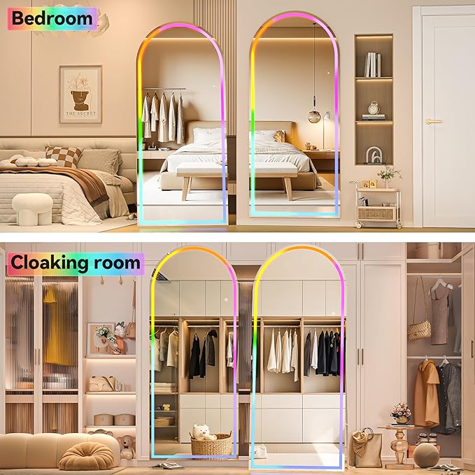 Hasipu 94.4" x 39.3" Arch LED RGB Bluetooth Full Length Mirror with Stand ＆ 7 Color Lighting Modes, Full Body Mirror with White Frame for Bedroom, Living Room, Dressing Room