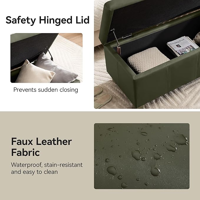 51" Faux Leather Storage Ottoman, Stitch Tufted Rectangle Upholstered End of Bed Storage Bench, Entryway Large Couch Ottoman with Wooden Legs,Green