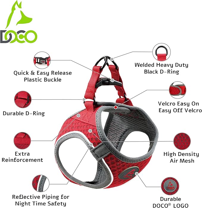 DOCO Dog Harness (Chest 14.5"-15.5", Weight 6–10 lbs) Athletica Adjustable Heavy Duty No Choke Puppy Vest for Small Dogs Lightweight Air Mesh, Reflective, Puppy Essentials – Gray, Small
