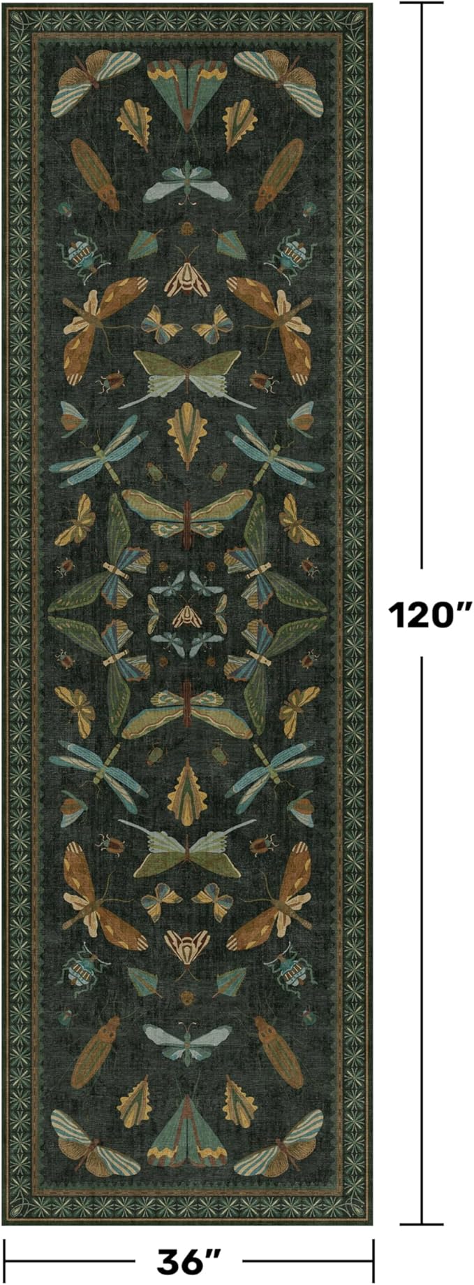 Dark Green 3x10 Extra Long Runner Rugs for Hallways - Boho Kitchen Rug Non Slip, Wide Indoor Floor Mats for Entryway, Insect & Floral Design Low Pile Stain Resistant Carpet