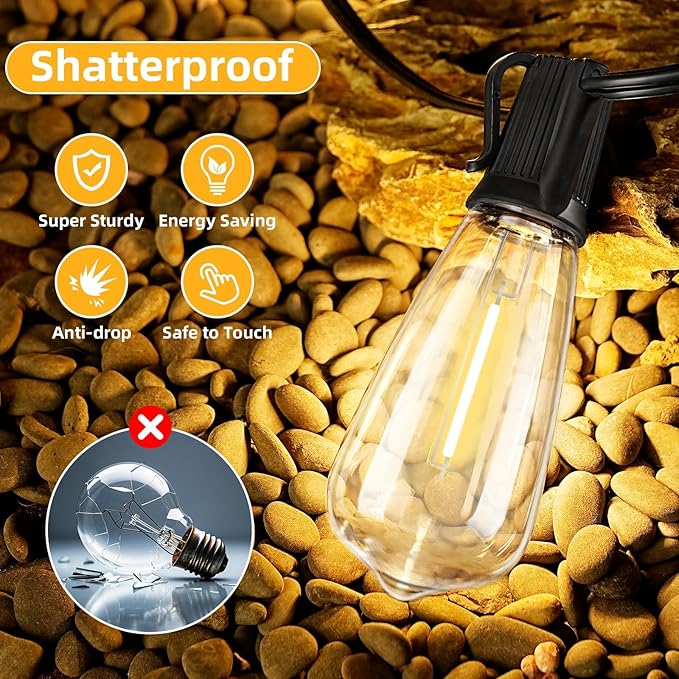 ST40 25FT Outdoor LED String Lights with 12+1 Shatterproof Bulbs,E17 Socket, 2700K Warm White,Weatherproof, 0.6W LED,for Patio,Porch, Deck,Gazebo,Bistro,Garden,Wedding,Party Decor