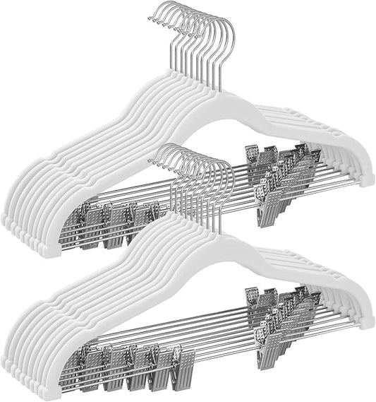 SONGMICS 20-Pack Pants Hangers, 16.7-Inch Long Velvet Hanger with Adjustable Clips, Heavy-Duty, Non-Slip Skirt Hangers, Space-Saving for Pants, Skirts, Coats, Dresses, White UCRF012W20