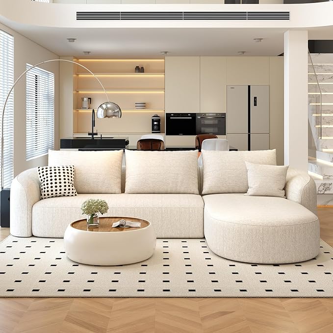 111" Modular Sectional Couches Luxury Modern Curved Back Sofa,Minimalist Comfy L-Shape Boneless Cloud Couch for Living Room Apartment,(Right Facing Chaise,White)