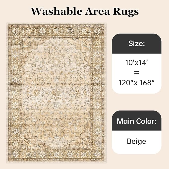 10x14 Area Rugs for Large Living Room Washable Soft Boho Vintage Floral Stain Resistant Indoor Floor Carpet Rug Low Pile Accent Rugs for Bedroom Family Room Nursery Dorm Office Dining Room,Beige