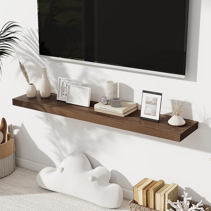 Fun Memories 48 Inch Floating Shelves for Wall 8 Inch Deep Walnut Shelves Set of 2, Wall Mounted Rustic Wood Long Floating Shelf, Large Display & Storage Shelf with Invisible Brackets