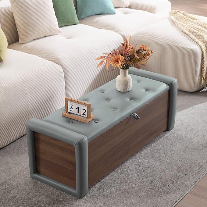 48" Large Storage Ottoman Bench, Faux Leather Upholstered Bed Bench with Button Tufted, End of Bed Ottoman with Safety Hinge for Bedroom, Living Room, Window，or Entryway, Olive Gray Shoe Storage Chest