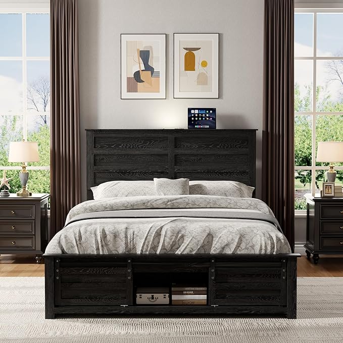 Wooden Bed Frame Full Size with Headboard & Sliding Barn Door Storage Footboard, Farmhouse Platform Bedframe with Charging Station, No Box Spring Needed, Black