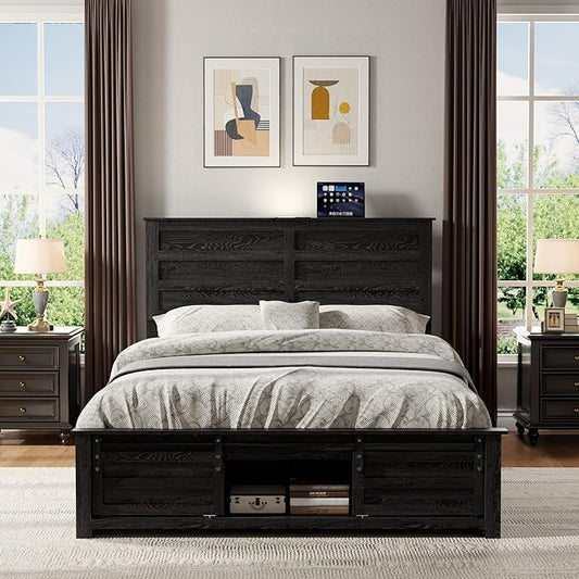 Wooden Bed Frame Full Size with Headboard & Sliding Barn Door Storage Footboard, Farmhouse Platform Bedframe with Charging Station, No Box Spring Needed, Black