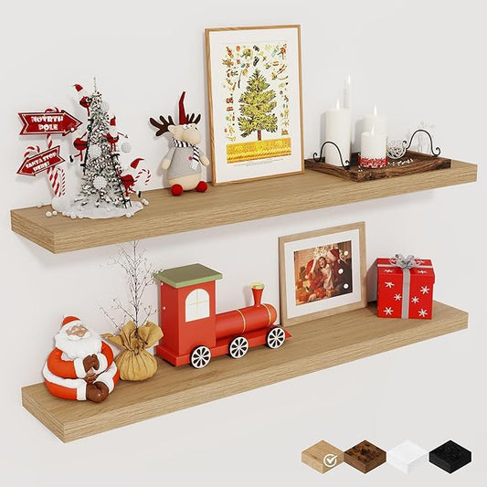 Fun Memories Floating Shelves for Wall, 36" Rustic Wood Deep Wall Mounted Shelves with Invisible Brackets for Decor & Storage, Floating Shelf for Living Room, Bathroom (Oak, Set of 2)