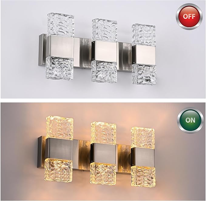 MELUCEE 3-Light Brushed Nickel Vanity Light Bar LED Bathroom Lighting Fixtures Over Mirror Dimmable Modern Wall Light with Crystal Column for Bath Restroom Powder Room, 3000K Warm Lighting