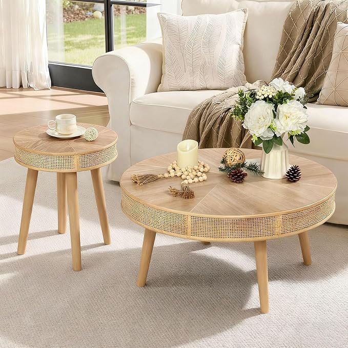 RUSTOWN 2-Piece Round Coffee Table Set with Rattan Accent, Soild Wood Leg, Farmhouse Modern Side Tables for Living Room, Boho Decor, Natural Finish