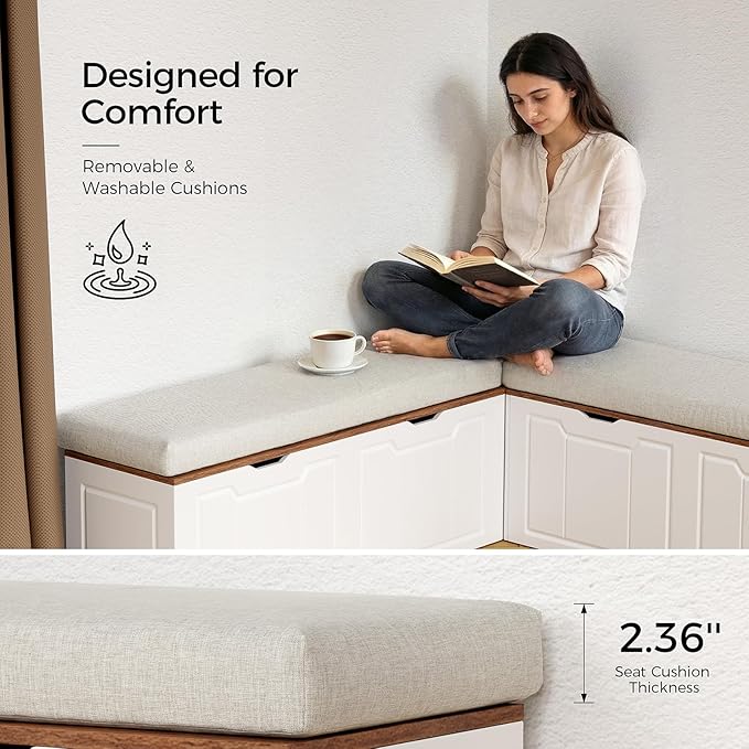L Shape Corner Bench with Storage, Breakfast Nook Bench, 63" L-Shaped Kitchen Nook Seating, Hidden Flip-Top Storage Compartments for Entryway, Dining Room, Hallway, Cloakroom, w/Grey Cushion