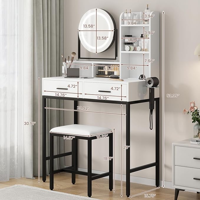 Vanity Desk with Rotating Mirror, Makeup Vanity Desk with Adjustable Mirror, 3 Colors Adjustable Light, Power Outlet, Dressing Table With 2 Drawers, Storage Shelves & Stool for Bedroom, White & Black