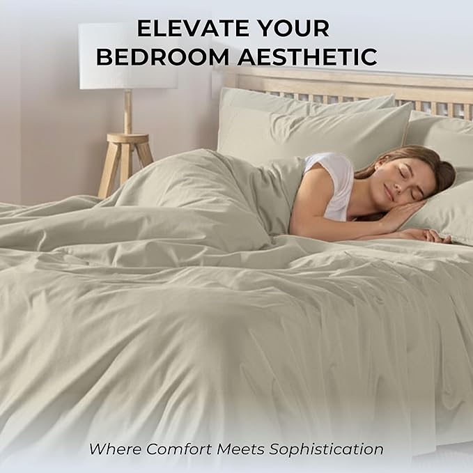 100% Natural Cotton Sheets Queen Size Bed Set | 500 TC Single-Ply Sateen Weave | Breathable & Hypoallergenic Solid 4-Piece Bedding with Deep Pocket Fitted, Flat, Pillowcase | Cream Beige