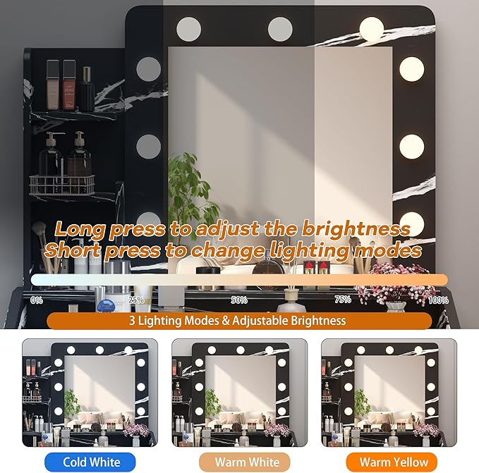 Vanity Desk with Mirror and Lights for Bedroom, Marble Black Modern Makeup Table with 2 Drawers, 3 Light Modes & Dimmable LED, Includes Stool