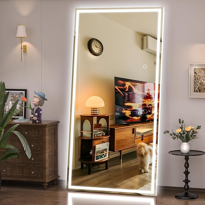 Hasipu Full Length Mirror with Lights, 83" x 36" LED Lighted Floor Standing Mirror, Full Body Dressing Hanging Mounted Mirrors, Dimmable, Tempered Glass, Safe to Use, Square White