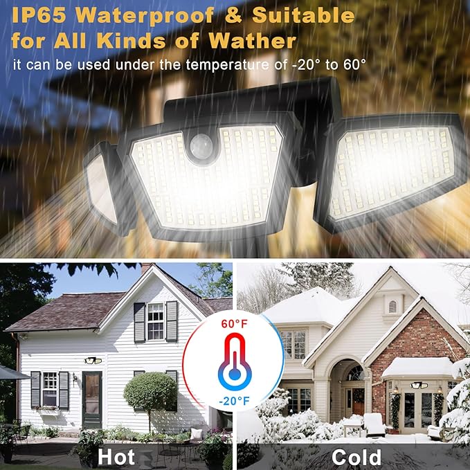 Motion Sensor Lights Indoor/Outdoor 2 Pack 2100LM, 6500K Wireless IP65 Waterproof 3 Heads Outdoor Battery Powered Flood Lights for Garage, Porch, Basement, Barns, Yard, Home Security