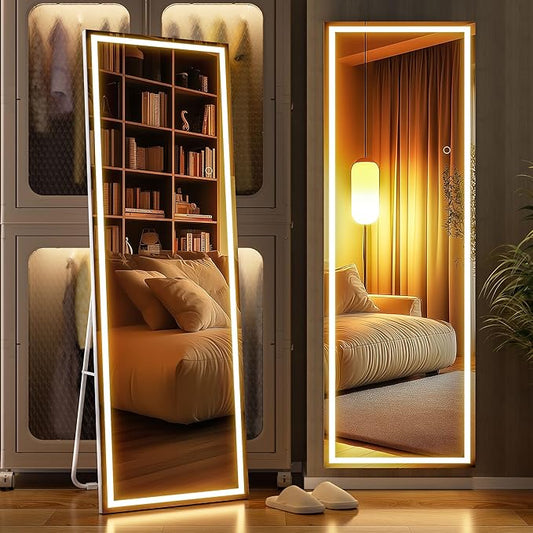 Full Length Mirror with Lights, 56" x 16" LED Lighted Floor Standing Mirror, Tempered Glass, Square White