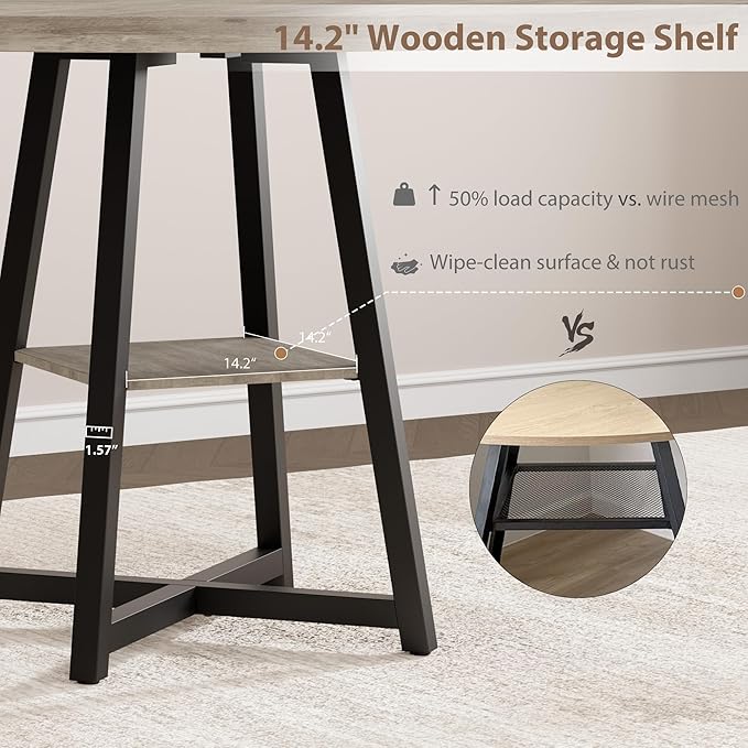 GAOMON Industrial Round Dining Table, 47 Inch Round Kitchen Table for 4, Dinner Table with Wooden Top and Metal Base for Dining Room, Living Room (Grey, 47.2 in w/Storage)