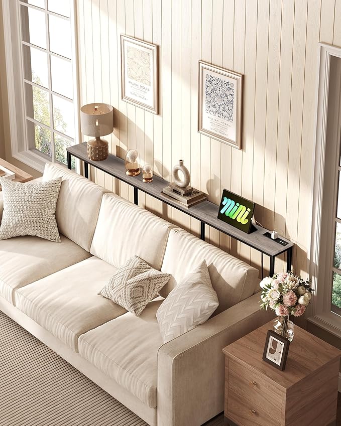 78.7" Narrow Console Table with Power Outlet 7.1" Skinny Sofa Table, Long Behind Couch with Charging Station for Hallway, Living Room Greige and Black TXG20UBG