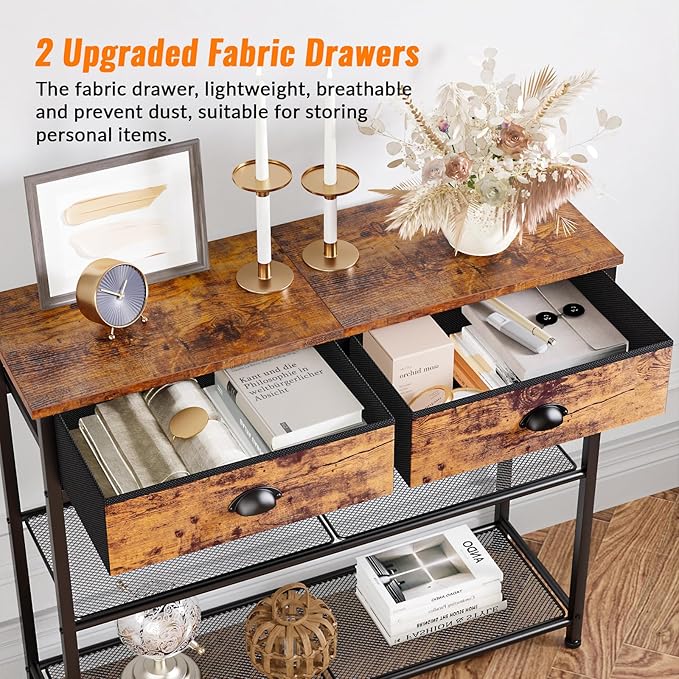 Furologee Console Sofa Table with Storage Shelf for Entry Way, Small 30'' Entryway Table with 2 Fabric Drawers, Industrial Display Shelves for Hallway, Entrance, Foyer, Rustic Brown