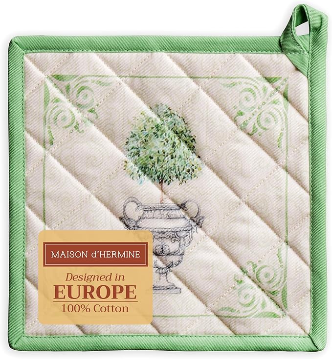 Maison d' Hermine Pot Holders 100% Cotton Heat Resistant Potholders 8" x 8" Hot Pads with Loop BBQ, Cooking, Baking, Grilling, Kitchen, Handling Hot Pans Spring/Summer (Pack of 1, Jardin Du Roy)