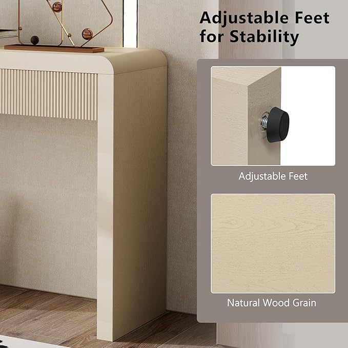 55”Curved Rustic Console Table with 3 Fluted Drawers,Solid Wood Veneer Entry Table Foyer Hallway Table, Narrow Sofa Table Natural Wood Grain for Living Room, Hallway (Oak)