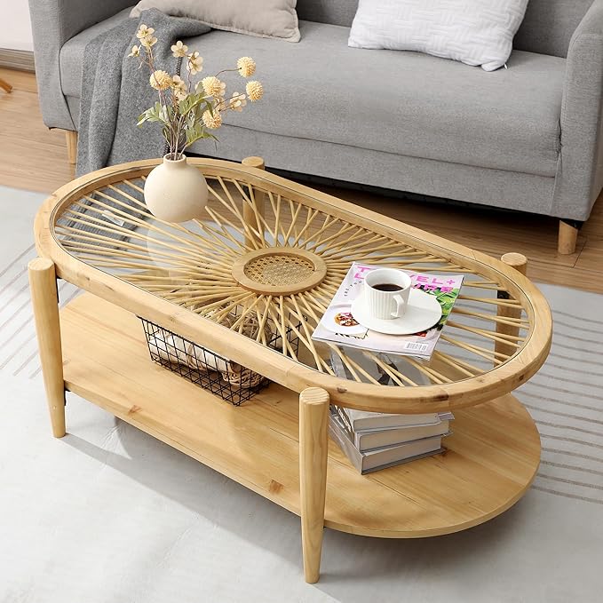 RUSTOWN Rattan Coffee Tables,2-Tier Oval Boho Cocktail Tables, Mid Century Modern Coffee Table with Rattan & Tempered Glass Top and Wood Legs, Sofa Table for Living Room(Natural)