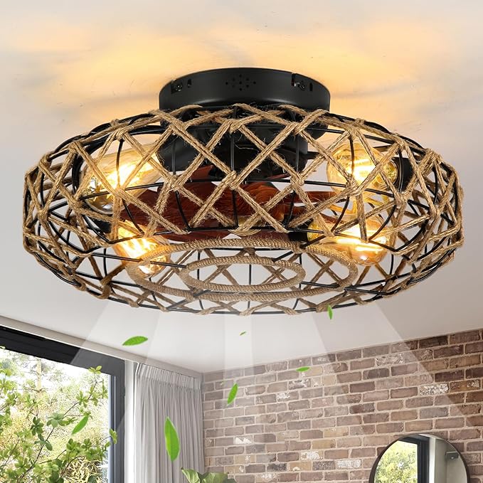 20''Rustic Hemp Rope Caged Ceiling Fans with Lights and Remote Hand-Woven Rattan Flush Mount Ceiling Fan with Light Farmhouse Boho Include Bulbs 6 Speeds Reversible for Bedroom,Kitchen Island