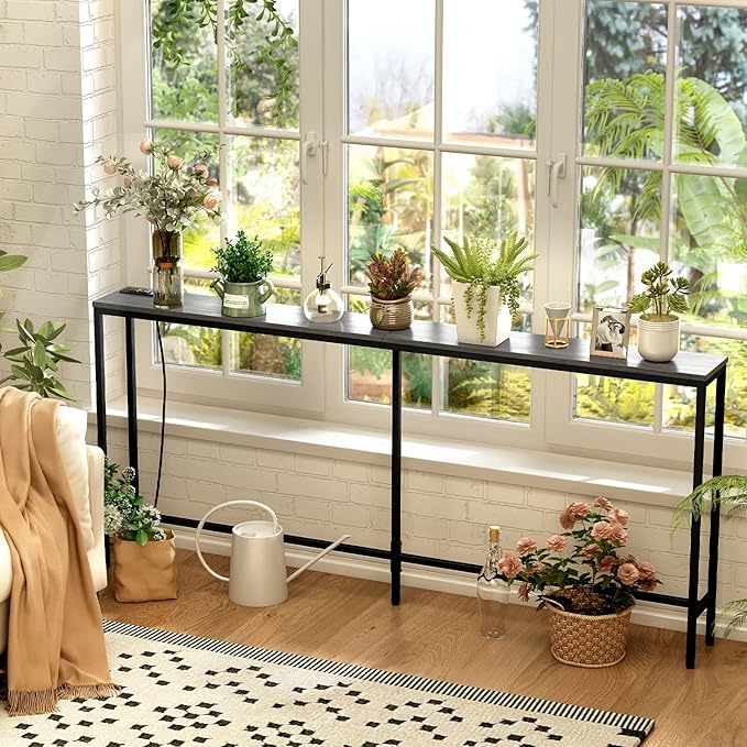 SUPERJARE 70 Inch Console Table with Outlet, Sofa Table with Charging Station, Narrow Entryway Hallway Table, Behind Couch Table, for Living Room, Charcoal Gray