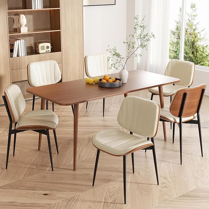 Dining Chairs Set of 6, Mid Century Modern Dining Room Chair, Upholstered Faux Leather Kitchen Chairs with Walnut Bentwood Back and Metal Legs for Kitchen Dining Room Living Room, Beige