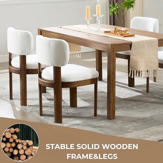 Beige Dining Chairs Set of 6 Mid Century Modern Upholstered Dining Room Chairs with Curved Backrest and Wooden Legs for Kitchen Island, Dining Room