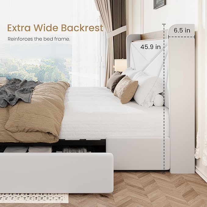 SHA CERLIN King Size Bed Frame with 3 Drawers, USB & Type-C Charging Ports, Velvet Upholstered Platform Bed with Modern Geometric Wingback Storage Headboard, No Box Spring Needed, Easy Assembly, White