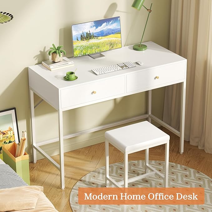 SUPERJARE 35.4" White Desk with 2 Drawers, Modern Makeup Vanity with Padded Stool, Small Computer Desk Home Office Desk for Writing Study Bedroom