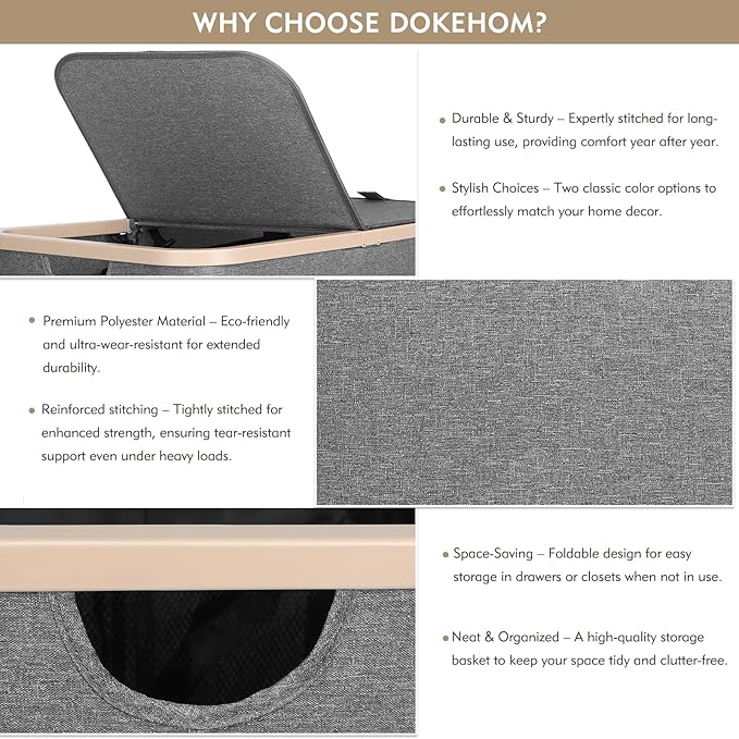 DOKEHOM 160L Double Laundry Basket with Removable Lid and Laundry Bags, Large Collapsible Laundry Hamper with 2 Sections (Grey)