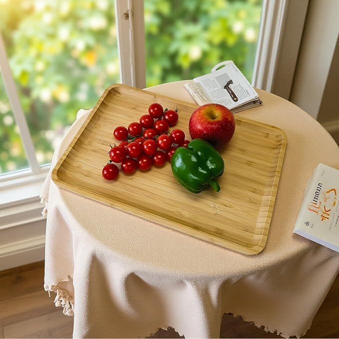 Bamboo Serving Tray Rectangle Platter Breakfast Dinner Food Bed Tray for Eating Kitchen Restaurants (1, 14.2" x 9.5" x 0.8" (no Handle))