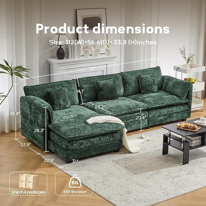 112" Modular Sectional Sofa with Movable Ottoman, L Shaped Couches for Living Room, 3 Seater Comfy Cloud Couch with Removable Cover, Armrest Pillow (Green)