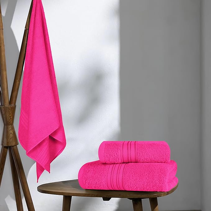 BOUTIQUO Ultra Soft 3 Pack Cotton Towel Set, Contains a Bath Towels 28x55 inch, a Hand Towels 16x24 inch & a Wash Coths 12x12 inch, Ideal Everyday use, Compact & Lightweight - Hot Pink