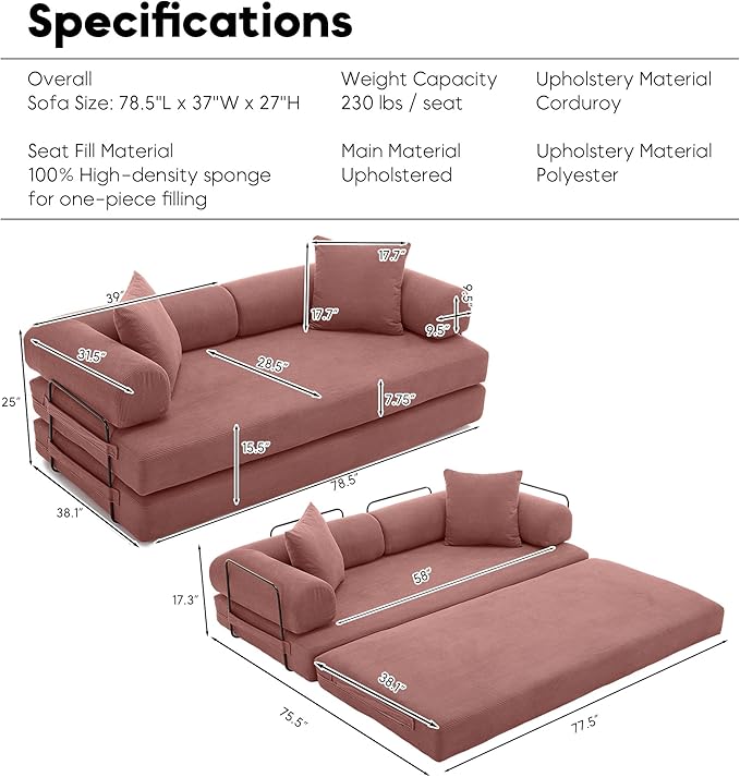 Convertible Sleeper Sofa Bed with Cylindrical Pillow, Corduroy Folding Boneless Couch with Fixed-Shape Frame, Floor Sofa Lounge Couch for Living Room Bedroom Lounge Studio-Pink