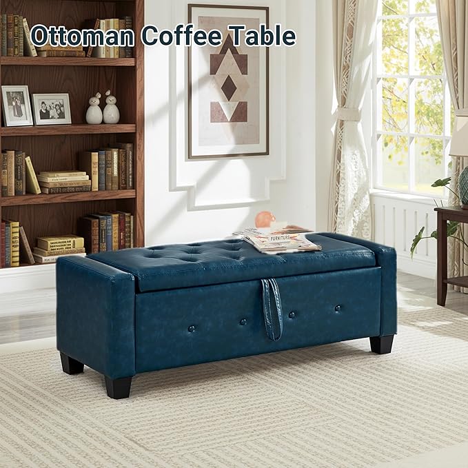 48" Faux Leather Ottoman with Storage, Tufted Storage Ottoman Bench with Safety Hinge, Rectangular Extra Long Bench for Bedroom, Living Room, Entryway and Window, Blue
