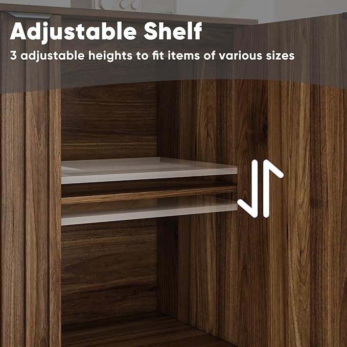 Smuxee 63" Fluted Sideboard Cabinet, Freestanding Walnut Buffet Cabinet with Adjustable Shelf, Wood Storage Cabinet for Living Room, Entryway, Hallway