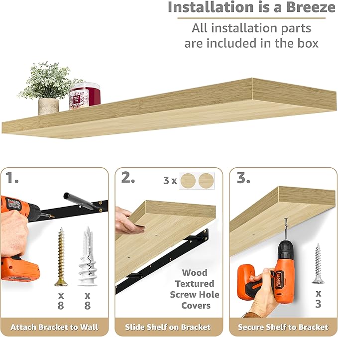 Sorbus Floating Shelves for Wall - 55 Inch Extra-Long Bathroom Shelves, Wall Decor for Bedroom, Kitchen, Living Room, Book Storage - Mounted Floating Shelf with Hidden Brackets (Maple Wood, 2 Pack)