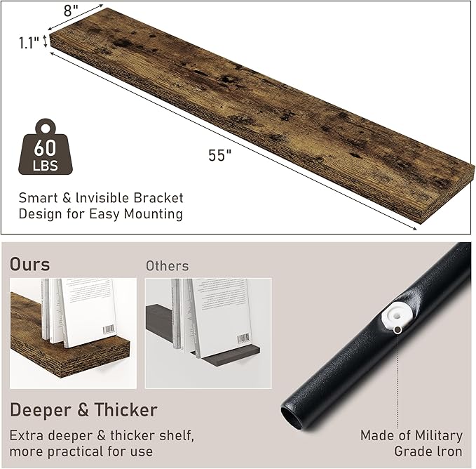 Fun Memories 55 Inch Long Floating Shelves for Wall, 8" Deep Floating Shelves for Bathroom Living Room Bedroom, Rustic Wall Mounted Shelf with Invisible Heavy-Duty Bracket, Set of 2, Rustic Brown