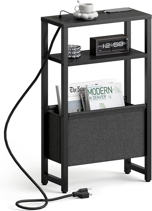 Narrow Side Table with Charging Station, Slim End Table with Magazine Rack, Bedside Table for Small Spaces, 3 Tier Sofa Couch Table Nightstand for Living Room, Bedroom, Black LET503BE