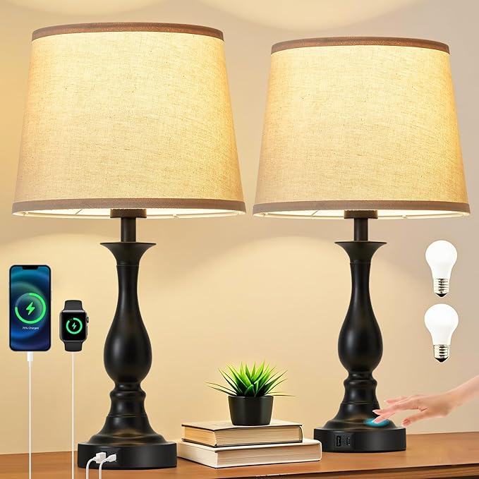 Bedside Table Lamp Touch Control Bedroom Lamps with USB A and C Charging Port 3 Way Dimmable Touch Lamps for Nightstand Living Room Bedroom Dorm Home Office Reading, Set of 2