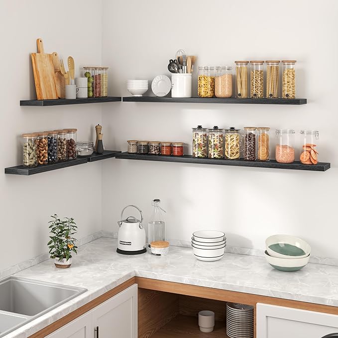 Heimlove 24 Inch Floating Shelves for Wall,Mounted Storage Wood Shelves with Invisible Brackets Hanging Shelf for Bedroom,Living Room,Kitchen,Office,Set of 2,Black