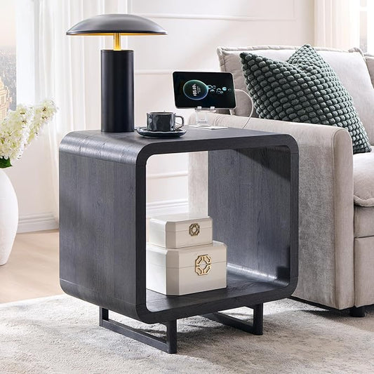 23.6" Modern End Table, 2 Tier Side Table with Charging Station, Simple Bedside Table with Open Storage Shelf, Outlet, Wooden Nightstand for Bedroom, Living Room, Study, Easy Assembly, Dark Grey